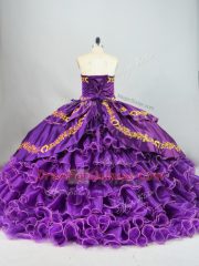 Embroidery and Ruffled Layers Sweet 16 Dress Purple Lace Up Sleeveless Brush Train