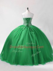 Sleeveless Floor Length Beading Lace Up Ball Gown Prom Dress with Dark Green