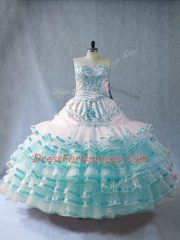 Adorable Blue And White Organza Lace Up Quince Ball Gowns Sleeveless Floor Length Embroidery and Ruffled Layers