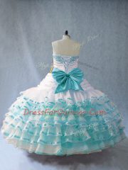 Adorable Blue And White Organza Lace Up Quince Ball Gowns Sleeveless Floor Length Embroidery and Ruffled Layers