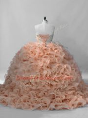 On Sale Peach Ball Gowns Fabric With Rolling Flowers Sweetheart Sleeveless Beading Lace Up Quinceanera Dress Brush Train