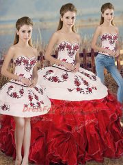 Hot Sale White And Red Sweetheart Lace Up Embroidery and Ruffles and Bowknot 15 Quinceanera Dress Sleeveless