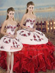 Hot Sale White And Red Sweetheart Lace Up Embroidery and Ruffles and Bowknot 15 Quinceanera Dress Sleeveless