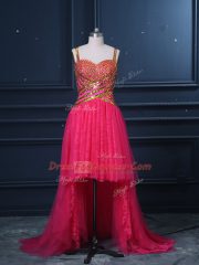 High Low Hot Pink Prom Evening Gown Tulle Sleeveless Beading and Lace and Sequins