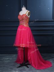 High Low Hot Pink Prom Evening Gown Tulle Sleeveless Beading and Lace and Sequins