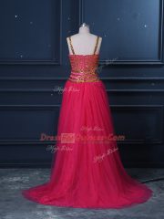 High Low Hot Pink Prom Evening Gown Tulle Sleeveless Beading and Lace and Sequins