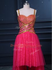 High Low Hot Pink Prom Evening Gown Tulle Sleeveless Beading and Lace and Sequins