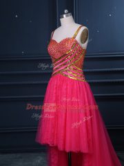 High Low Hot Pink Prom Evening Gown Tulle Sleeveless Beading and Lace and Sequins