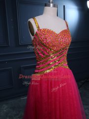 High Low Hot Pink Prom Evening Gown Tulle Sleeveless Beading and Lace and Sequins