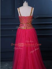 High Low Hot Pink Prom Evening Gown Tulle Sleeveless Beading and Lace and Sequins