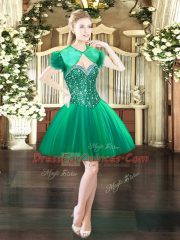 Dark Green Tulle Lace Up Sweetheart Sleeveless Mini Length Evening Dress Beading