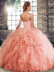 Red Tulle Lace Up Sweetheart Sleeveless Floor Length Vestidos de Quinceanera Beading and Ruffles