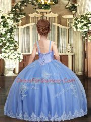 Floor Length Baby Blue Child Pageant Dress Straps Sleeveless Lace Up