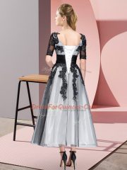 Great Grey Short Sleeves Beading and Lace Tea Length Damas Dress