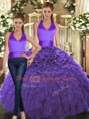 Excellent Two Pieces Sweet 16 Quinceanera Dress Purple Halter Top Organza Sleeveless Floor Length Lace Up