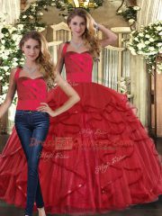 Red Straps Lace Up Ruffles Quinceanera Dresses Sleeveless