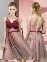 Exquisite Baby Pink V-neck Lace Up Appliques Quinceanera Dama Dress Sleeveless