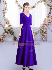 Half Sleeves Satin Ankle Length Zipper Dama Dress in Purple with Ruching
