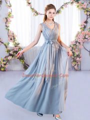 Sexy Grey Lace Up V-neck Belt Quinceanera Dama Dress Chiffon Sleeveless