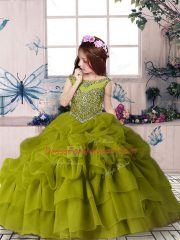 Adorable Floor Length Olive Green Little Girl Pageant Dress Organza Sleeveless Beading and Pick Ups