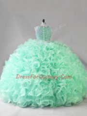 Apple Green Sleeveless Beading and Ruffles Zipper Ball Gown Prom Dress