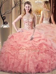 Artistic Peach Ball Gowns Organza Scoop Sleeveless Beading and Ruffles Floor Length Zipper Sweet 16 Dress