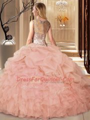 Artistic Peach Ball Gowns Organza Scoop Sleeveless Beading and Ruffles Floor Length Zipper Sweet 16 Dress