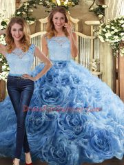 Baby Blue Sleeveless Lace Floor Length Quinceanera Gown