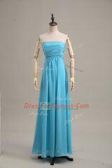 Glamorous Baby Blue Empire Strapless Sleeveless Chiffon Floor Length Zipper Ruching Juniors Party Dress