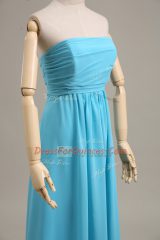 Glamorous Baby Blue Empire Strapless Sleeveless Chiffon Floor Length Zipper Ruching Juniors Party Dress