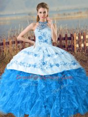 Captivating Halter Top Sleeveless Organza 15th Birthday Dress Embroidery and Ruffles Court Train Lace Up