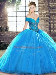 Beading Quinceanera Dress Blue Lace Up Sleeveless Brush Train