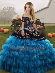 Blue And Black Sleeveless Floor Length Embroidery and Ruffled Layers Lace Up 15 Quinceanera Dress