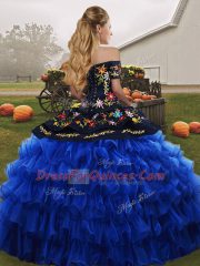 Blue And Black Sleeveless Floor Length Embroidery and Ruffled Layers Lace Up 15 Quinceanera Dress