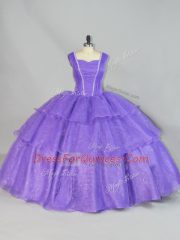 Straps Sleeveless Quince Ball Gowns Floor Length Beading and Ruffled Layers Lavender Organza