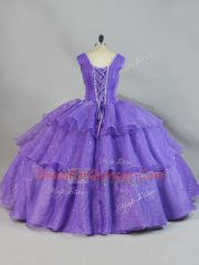 Straps Sleeveless Quince Ball Gowns Floor Length Beading and Ruffled Layers Lavender Organza