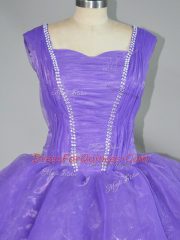 Straps Sleeveless Quince Ball Gowns Floor Length Beading and Ruffled Layers Lavender Organza