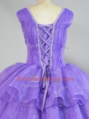 Straps Sleeveless Quince Ball Gowns Floor Length Beading and Ruffled Layers Lavender Organza