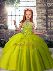 Lovely Olive Green Halter Top Neckline Beading Pageant Gowns For Girls Sleeveless Lace Up