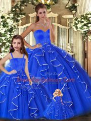 Suitable Blue Lace Up Sweetheart Beading and Ruffles Quinceanera Dress Tulle Sleeveless