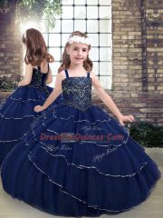 Navy Blue Lace Up Little Girls Pageant Gowns Beading Sleeveless Floor Length