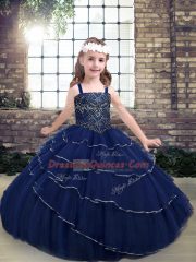 Navy Blue Lace Up Little Girls Pageant Gowns Beading Sleeveless Floor Length