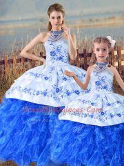 Elegant Floor Length Blue And White Ball Gown Prom Dress Halter Top Sleeveless Court Train Lace Up