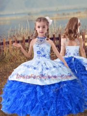 Elegant Floor Length Blue And White Ball Gown Prom Dress Halter Top Sleeveless Court Train Lace Up