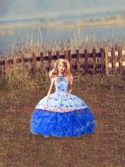 Elegant Floor Length Blue And White Ball Gown Prom Dress Halter Top Sleeveless Court Train Lace Up