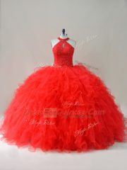 Flirting Red Halter Top Lace Up Beading and Ruffles Sweet 16 Dress Sleeveless
