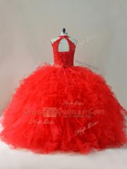 Flirting Red Halter Top Lace Up Beading and Ruffles Sweet 16 Dress Sleeveless
