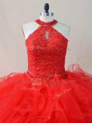 Flirting Red Halter Top Lace Up Beading and Ruffles Sweet 16 Dress Sleeveless