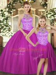 Pretty Halter Top Sleeveless Tulle 15 Quinceanera Dress Beading Lace Up