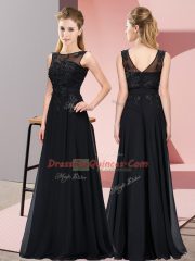 Sleeveless Floor Length Beading and Appliques Zipper Court Dresses for Sweet 16 with Black